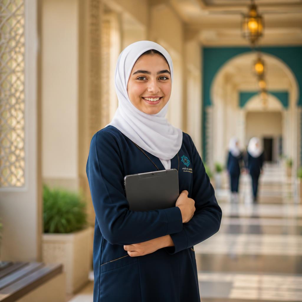 Emirati student in navy uniform and white hijab holding a tablet