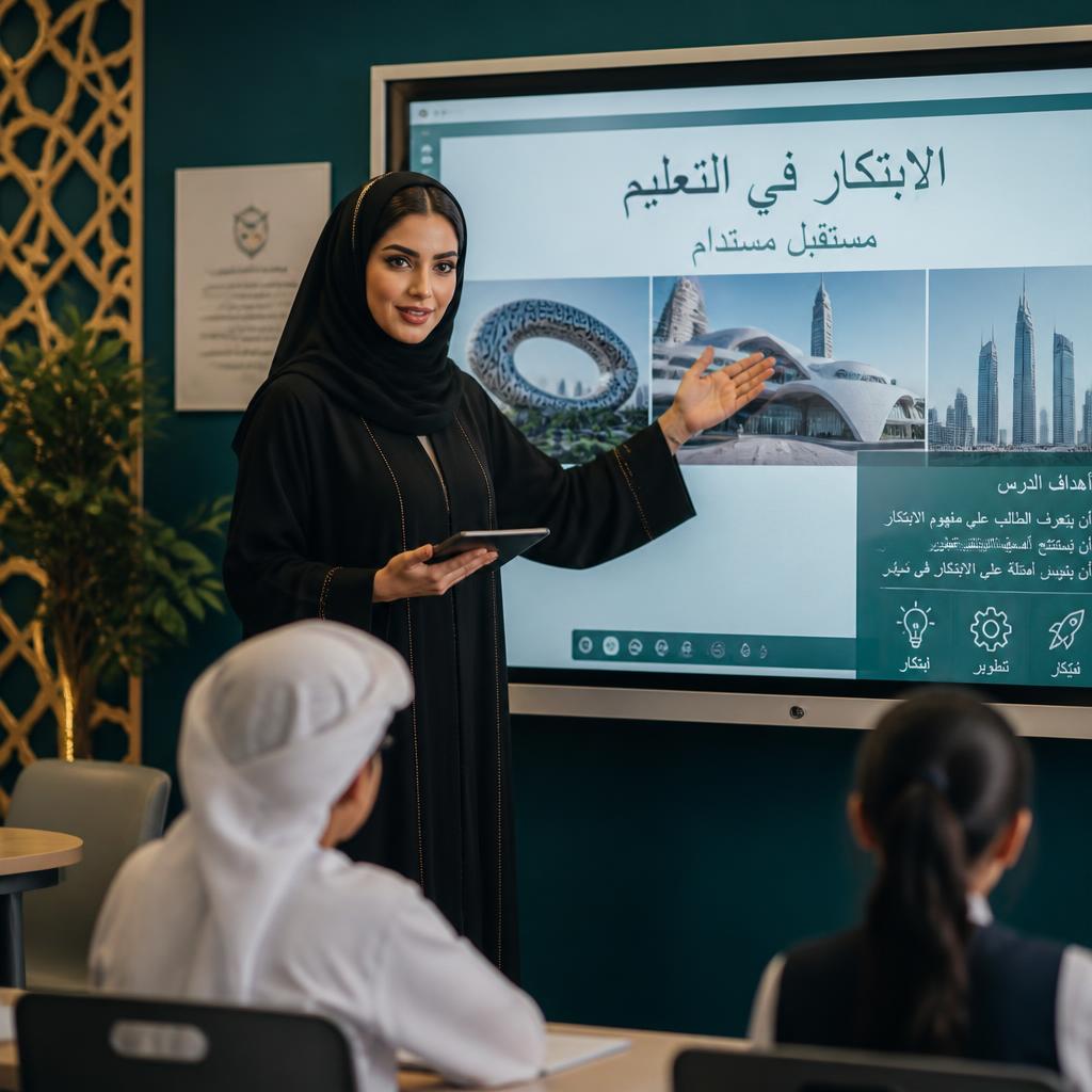 Emirati teacher presenting an Arabic lesson on an interactive smart screen