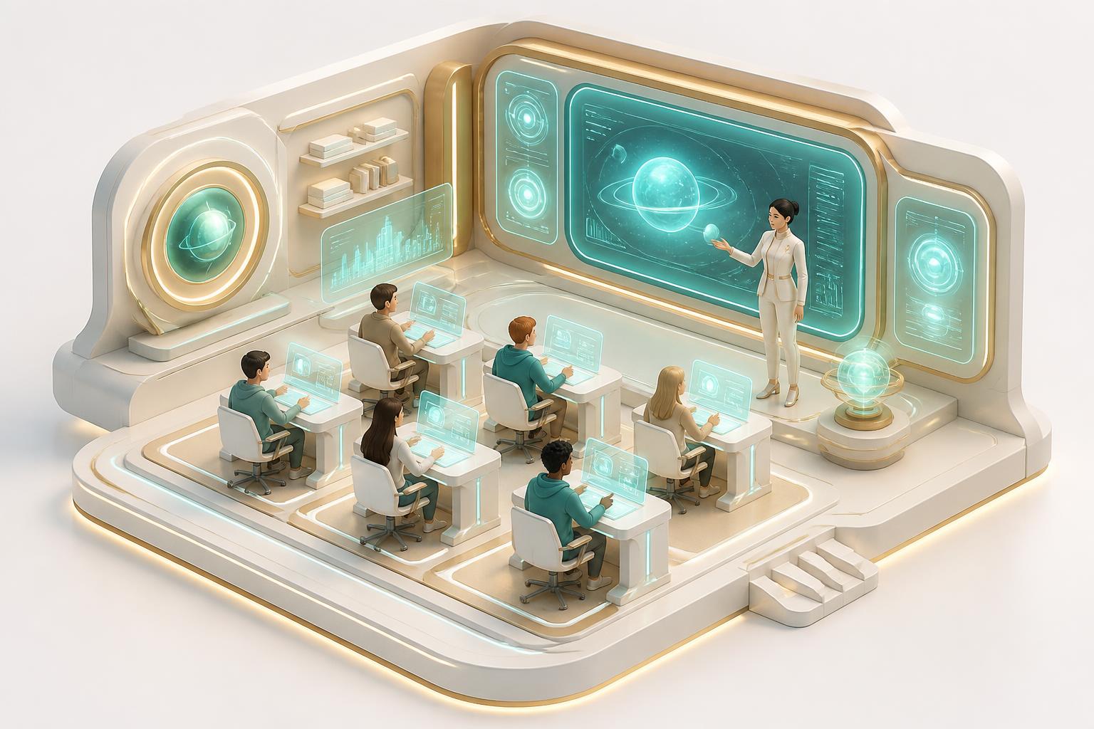 3D isometric illustration of an AI-powered virtual classroom